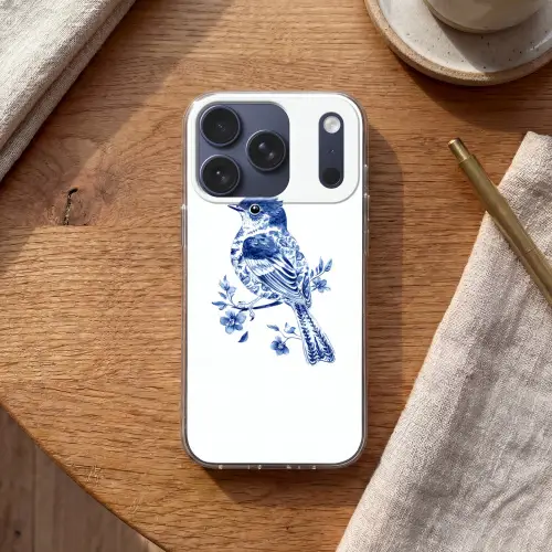 Vogel - Delfts blauw - Illustratie - Bloemen Telefoonhoesje iPhone 17 Pro klein -sfeer1