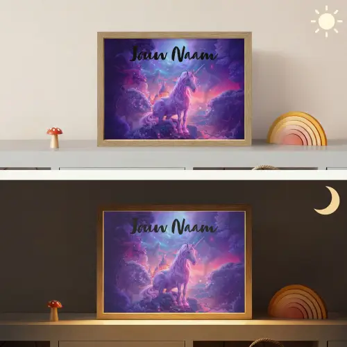 Eenhoorn - Fantasy - Kasteel - Meisje - Paars - Roze Light Box met batterij (Wandlamp kind) middel -sfeer3_kind