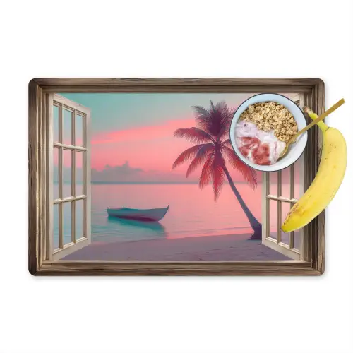 Doorkijk - Strand - Palmboom - Tropisch Placemat vinyl groot -zzzproduct_Kitchenyeah-website
