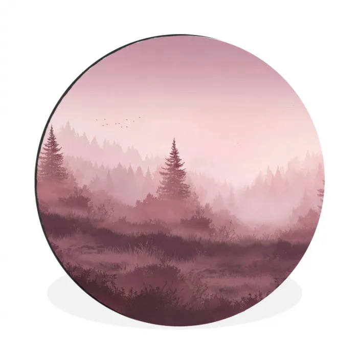 Landschap - Mistig - Roze Wandcirkel aluminium klein -3d