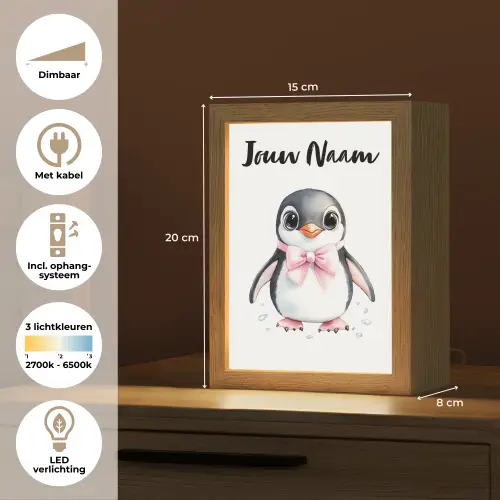 Pinguïn - Strikje - Roze - Dier Light Box met kabel (Kinderlampje) klein -USP_NL