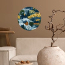 Huisjes - Bloemen - Patroon - Geel - Blauw Wandcirkel behangsticker klein 186 -sfeer1