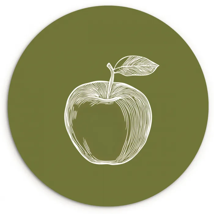 Lijntekening - Appel - Olijfgroen - Blaadje Wandcirkel kunststof plaat 5mm dik klein -3d