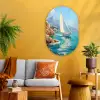Zeilboot - Rotsen - Kust - Huizen Wandcirkel Ovaal Glas middel -sfeer4
