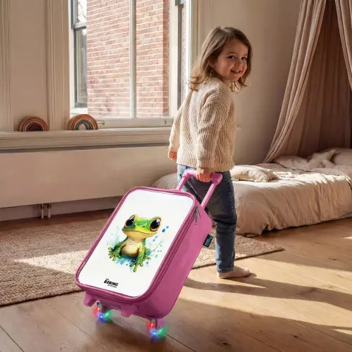 Groene kikker met grote ogen op witte achtergrond Kinderkoffer - Roze klein -sfeer1