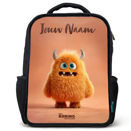 Oranje Pluizig Monster met Hoorns Rugzak - Zwart middel -3d