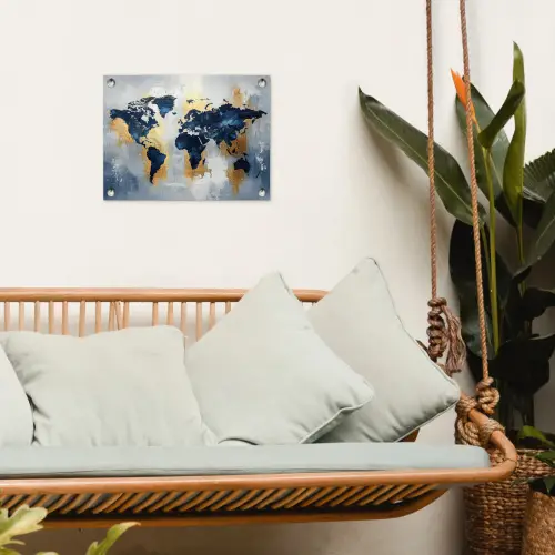 Wereldkaart - Blauw - Abstract tuinposter los doek klein -sfeer7