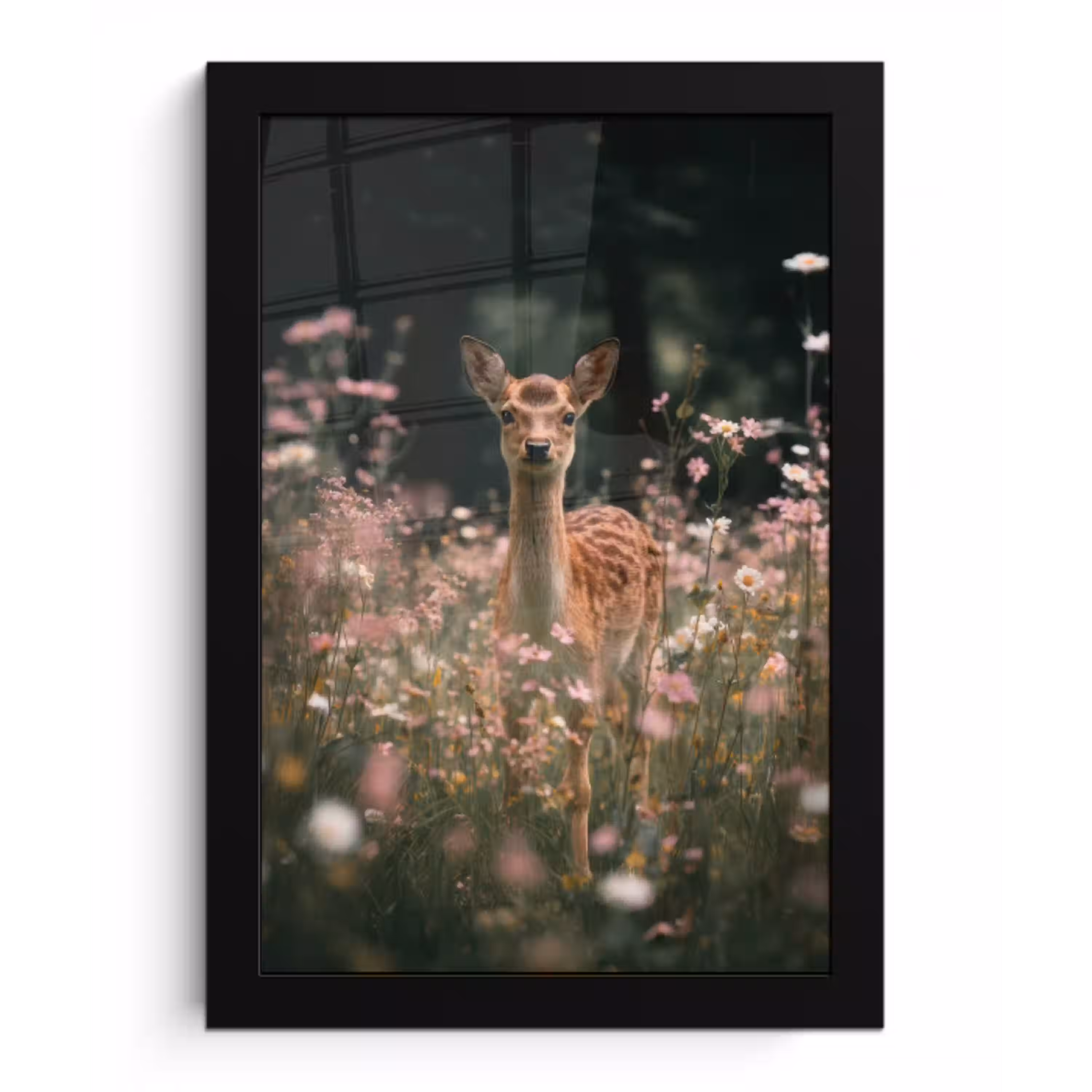 Hert - Wilde bloemen - Bos fotolijst zwart zonder passe partout klein -3d