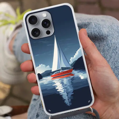 Zeilboot - Donkere bergen - Stilte Hoesje iPhone 16 Pro Max met koord klein -sfeer3