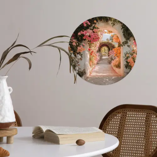Doorkijk - Boog - Bloemen - Pastel Wandcirkel behangsticker klein -sfeer3
