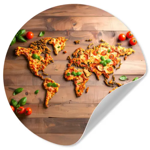 Wereldkaart - Pizza - Houten ondergrond Wandcirkel behangsticker klein -3d