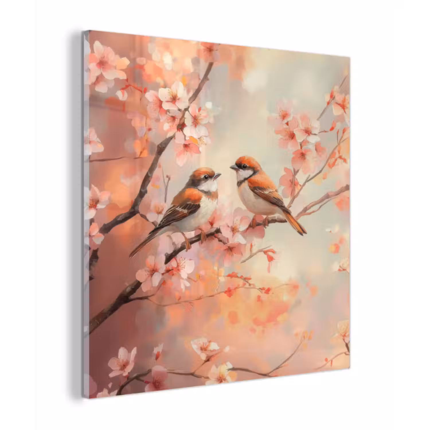 Glas schilderij - Vogels - Romantic - Bloesemtak