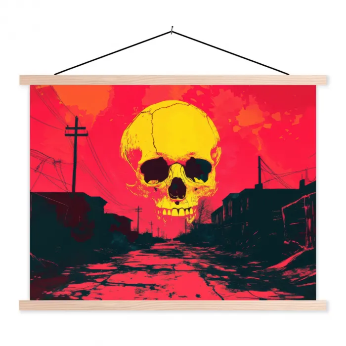 Straat - Verlaten - Schedel - Geel textielposter latten blank klein -3d