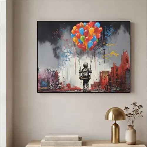 Jongen - Ballonnen - Gebouwen - Kunst Textielframe zwart klein -sfeer2