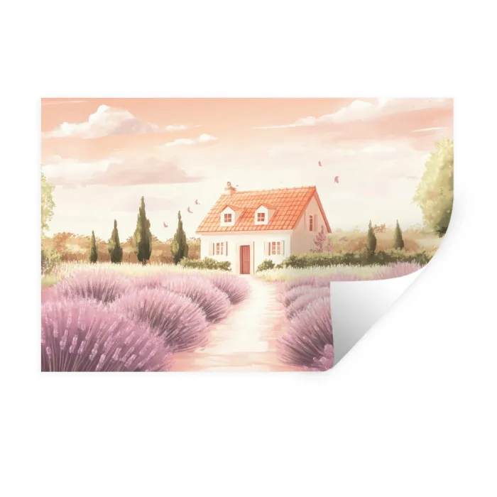 Lavendelveld - Huis - Paars Muursticker klein -3d