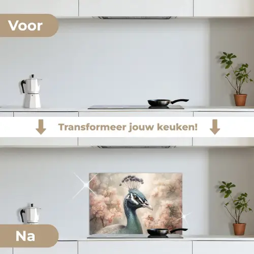 Pauw - Vogels - Bloemen - Boom - Botanisch keuken achterwand spatscherm klein -voor_na_NL