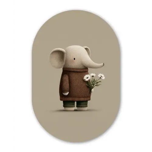 Olifant - Witte bloemen - Kindvriendelijk Wandcirkel Ovaal Forex klein -3d