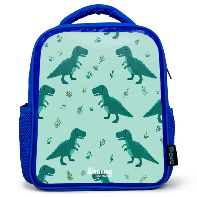 Vriendelijke T. rex tussen sporen Kinderrugzak - Blauw middel -3d