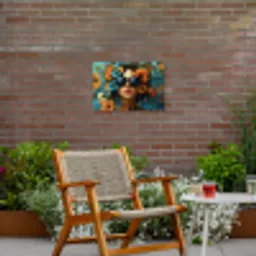 Vrouw - Bloemen - Oranje - Blauw - Modern Tuinposter op houten frame 2 cm dik klein -sfeer3