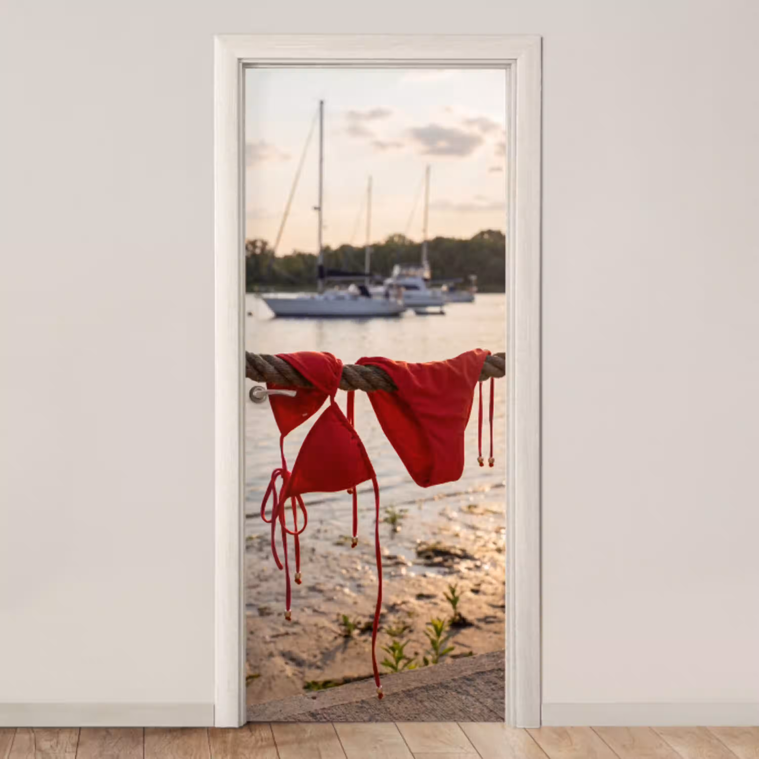 Badkleding - Rood - Zomer - Water - Zonsondergang deurposter klein -3d_beige