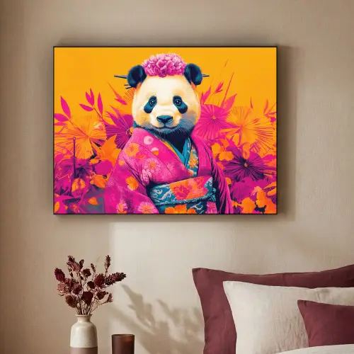 Kimono - Roze - Panda - Bloemenkroon Textielframe zwart klein -sfeer1
