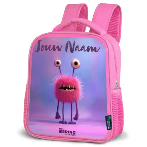 Roze harig monster met grote ogen Kinderrugzak - Roze middel -schuin
