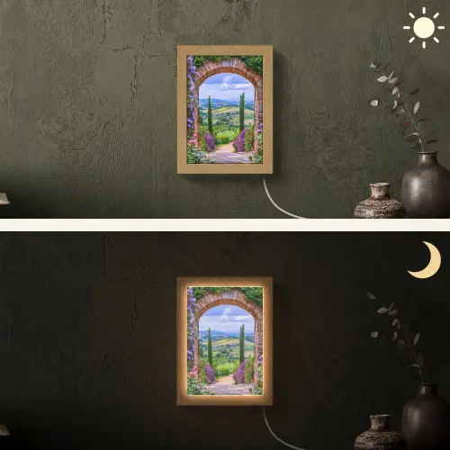 Doorkijk - Toscane - Landschap - Poort Light Box met kabel (Wandlamp) klein -sfeer3