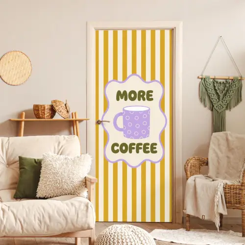 More coffee - Geel - Paars - Strepen - Mok deurposter klein -sfeer2