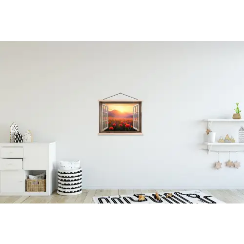 Doorkijk - Klaprozen - Bloemen - Rood - Open raam textielposter latten blank klein -kinderkamer