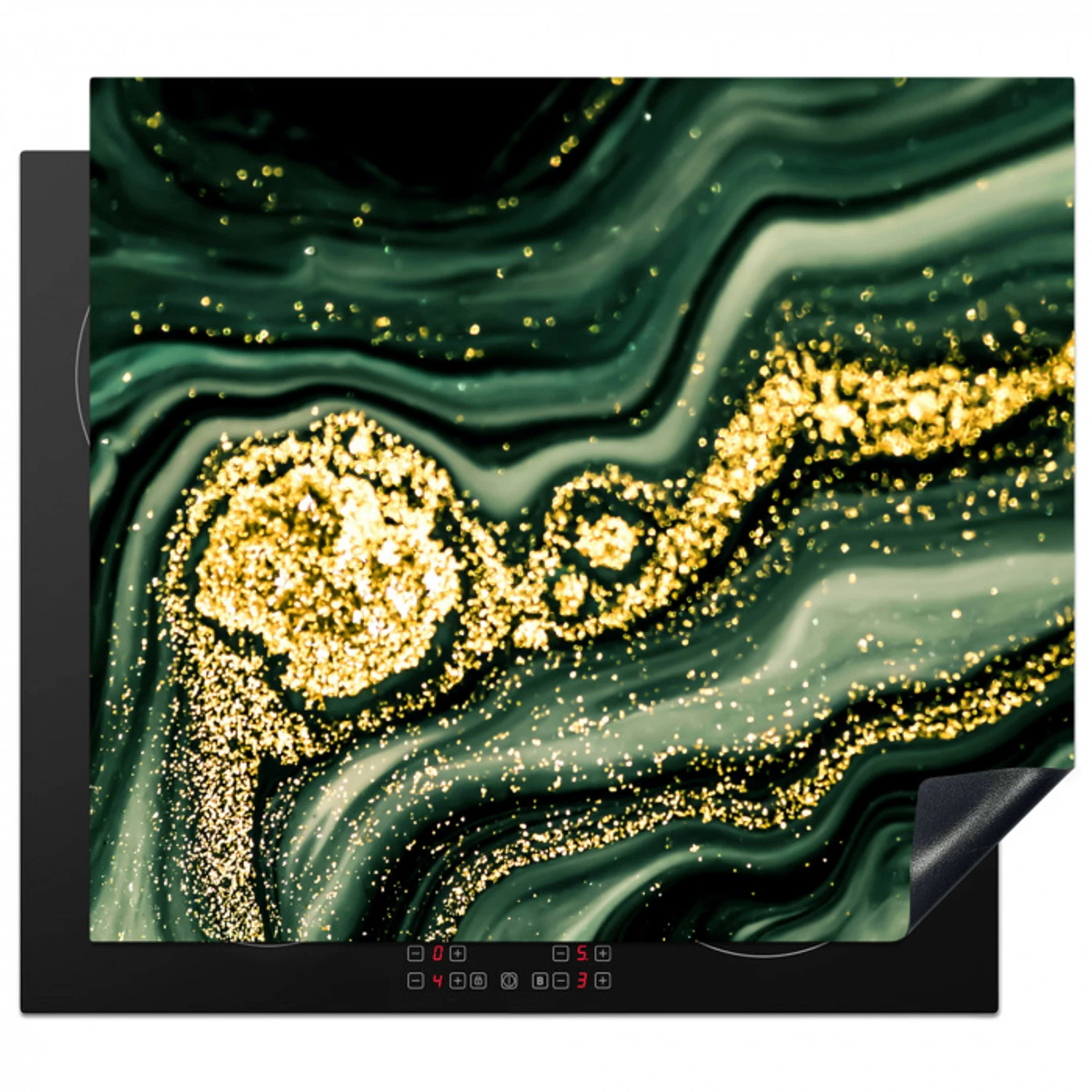 Gouden Storm op Groen Marmer Inductie beschermer vinyl 3mm middel -3d