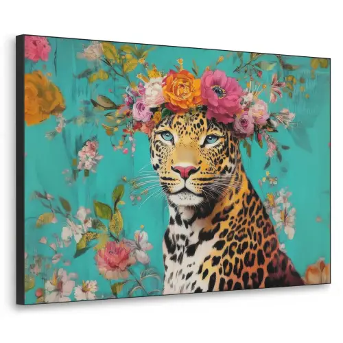 Luipaard - Bloemen - Kroon Textielframe zwart klein -3d
