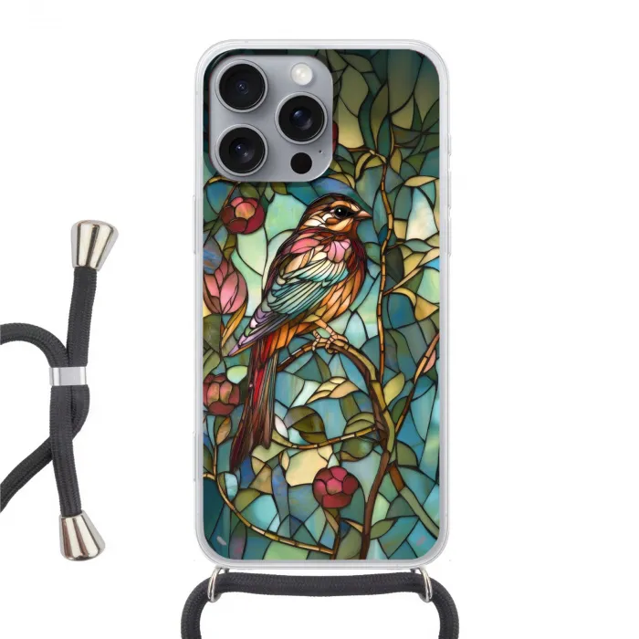 Vogel - Tak - Rozen - Mozaïek Hoesje iPhone 16 Pro Max met koord klein -3d