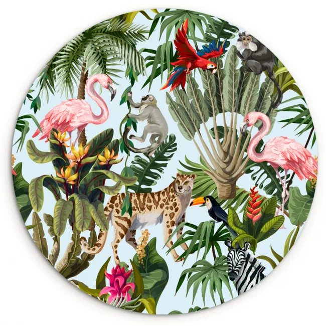 Jungle - Dieren - Meisjes - Kinderen - Jongens - Flamingo - Papegaai Wandcirkel kunststof plaat 5mm dik klein -3d