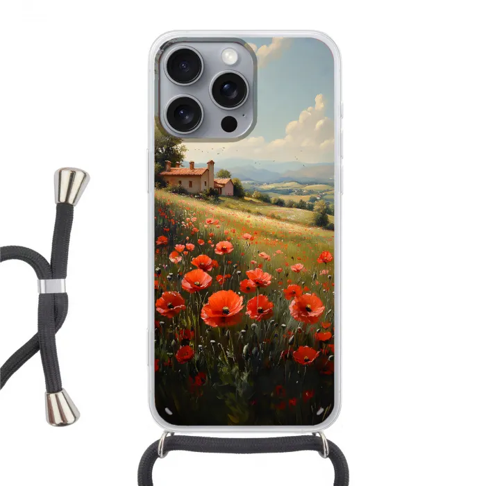 Klaprozen - Rood - Heuvels - Landschap Hoesje iPhone 16 Pro Max met koord klein -3d