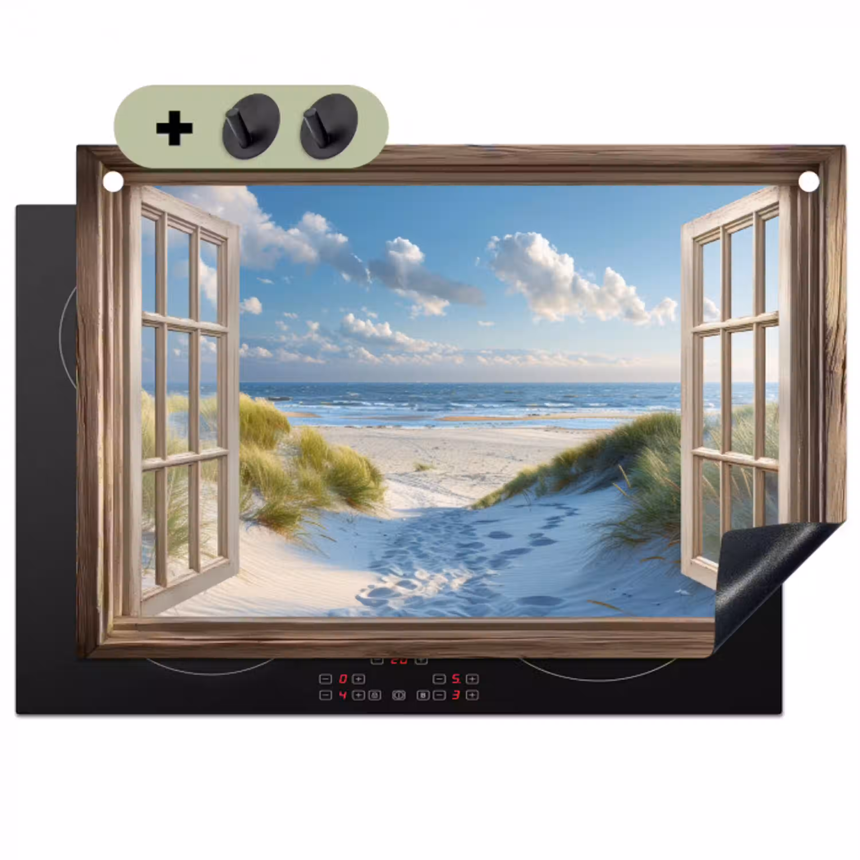 Doorkijk - Strand - Raam - Duinen - Zee Inductie beschemer met haakjes klein -3d