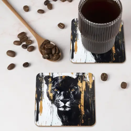 Panter - Zwart - Abstract - Verfstreken onderzetter kurk middel -sfeer2