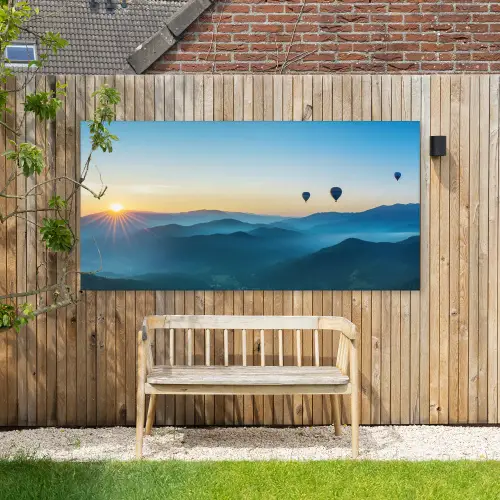 Luchtballonnen - Bergen - Zonsopgang - Landschap Tuinposter op houten frame 2 cm dik xxl -sfeer4