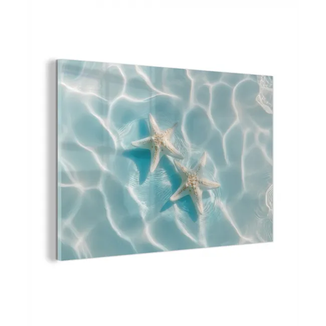 Glas schilderij - Zeesterren - Golvend water - Rustgevend