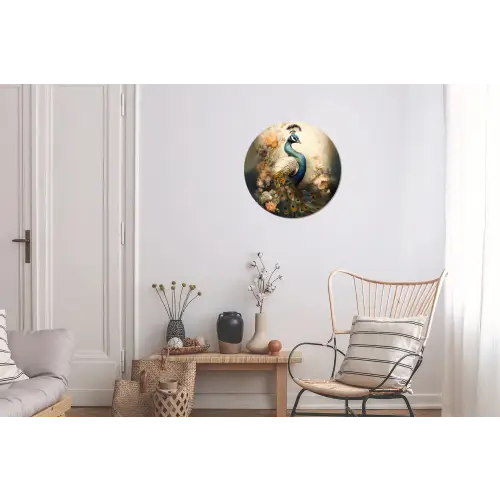 Pauw - Pauwenveren - Bloemen - Vogels - Botanisch Wandcirkel aluminium klein -woonkamer