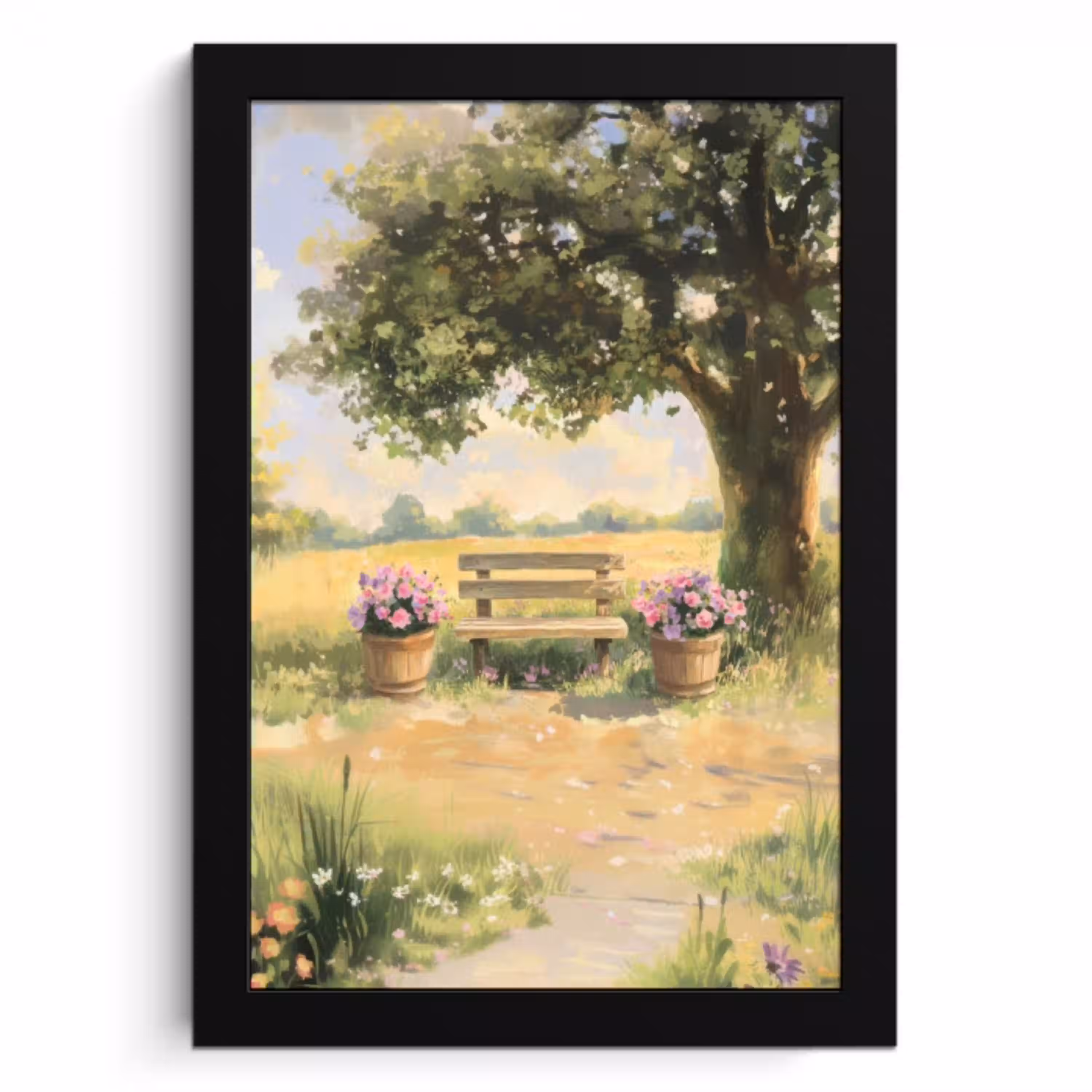 Houten bankje - Bloempotten - Landschap KitchenYeah - Keuken - Fotolijst klein -3d