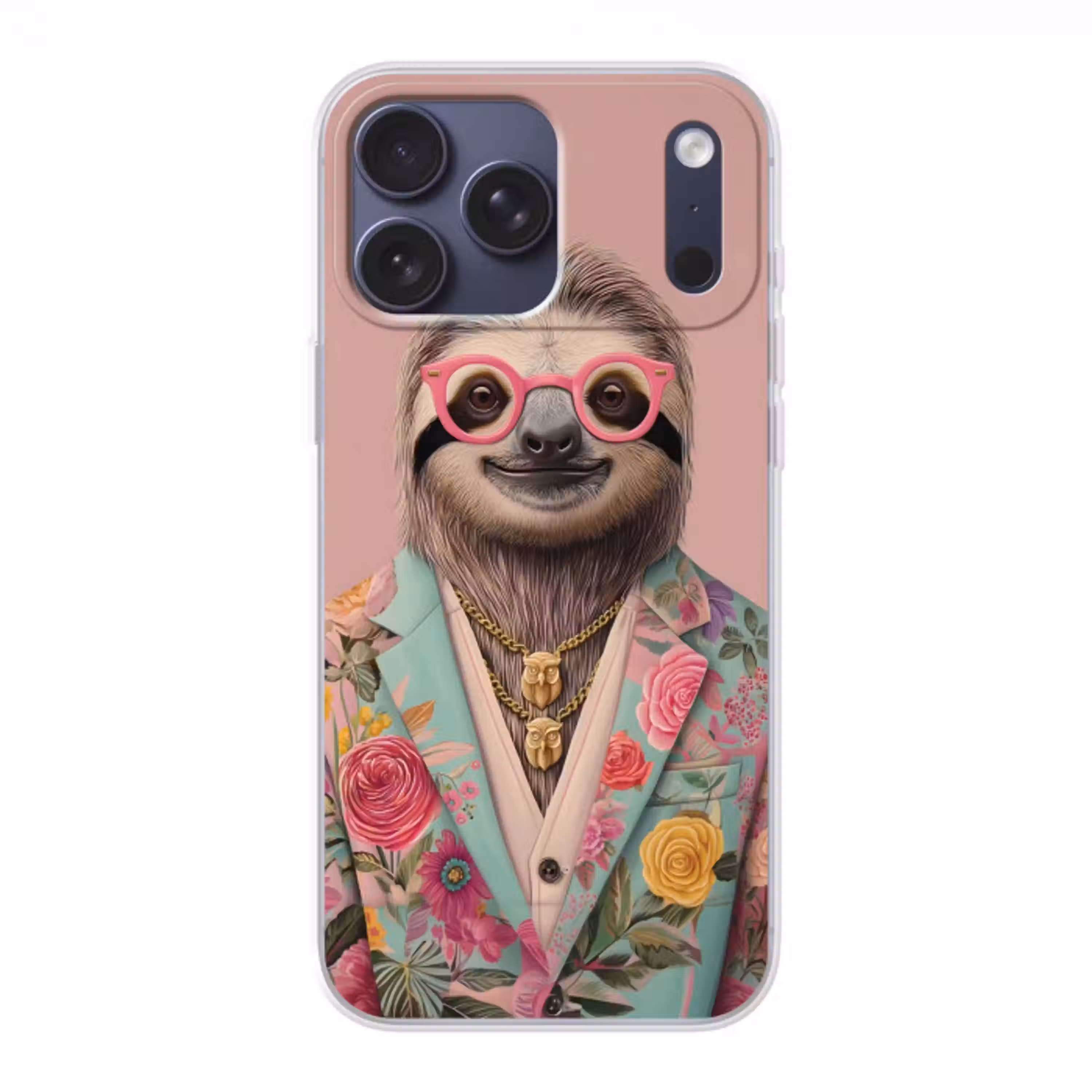 Luiaard - Bloemenprint - Bril - Roze Telefoonhoesje iPhone 17 Pro Max klein -3d