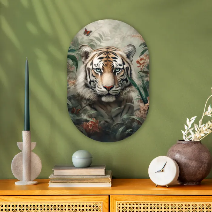 Tijger - Vlinders - Dieren - Jungle - Bloemen Wandcirkel Ovaal Forex klein -sfeer2