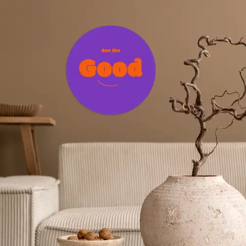 See the good - Oranje - Paars - Smiley Wandcirkel behangsticker klein -sfeer1