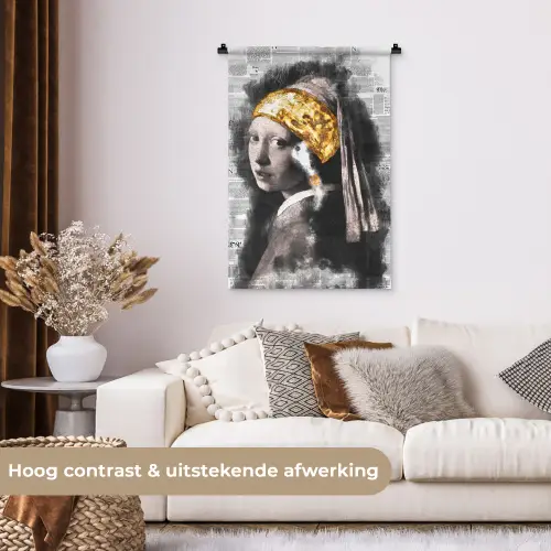 Meisje met de parel - Johannes Vermeer - Krant - Goud Wandkleed katoen klein -sfeer1