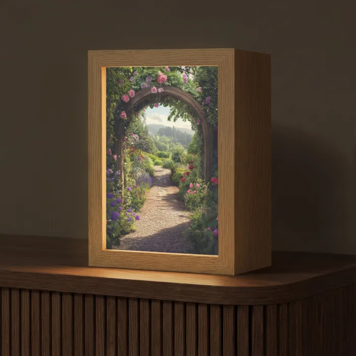 Doorkijk - Landschap - Bloemen - Rozenboog - Natuur Light Box met kabel (Tafellamp) klein -z3d_website