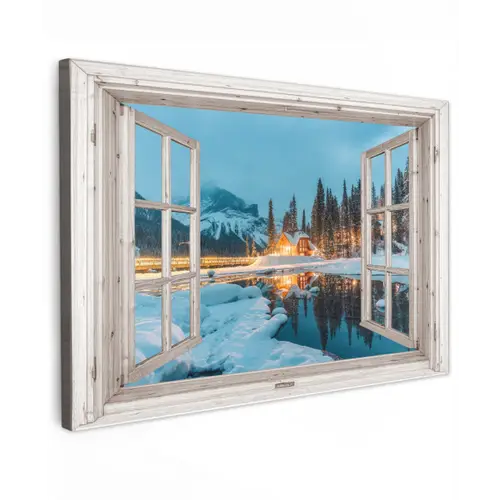 Doorkijk - Winterlandschap - Natuur - Huis - Bergen Tuinposter op houten frame 2 cm dik klein -3d