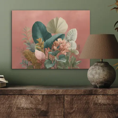 Tropische bladeren - Bloemen - Roze - groen PET vilt klein -sfeer2