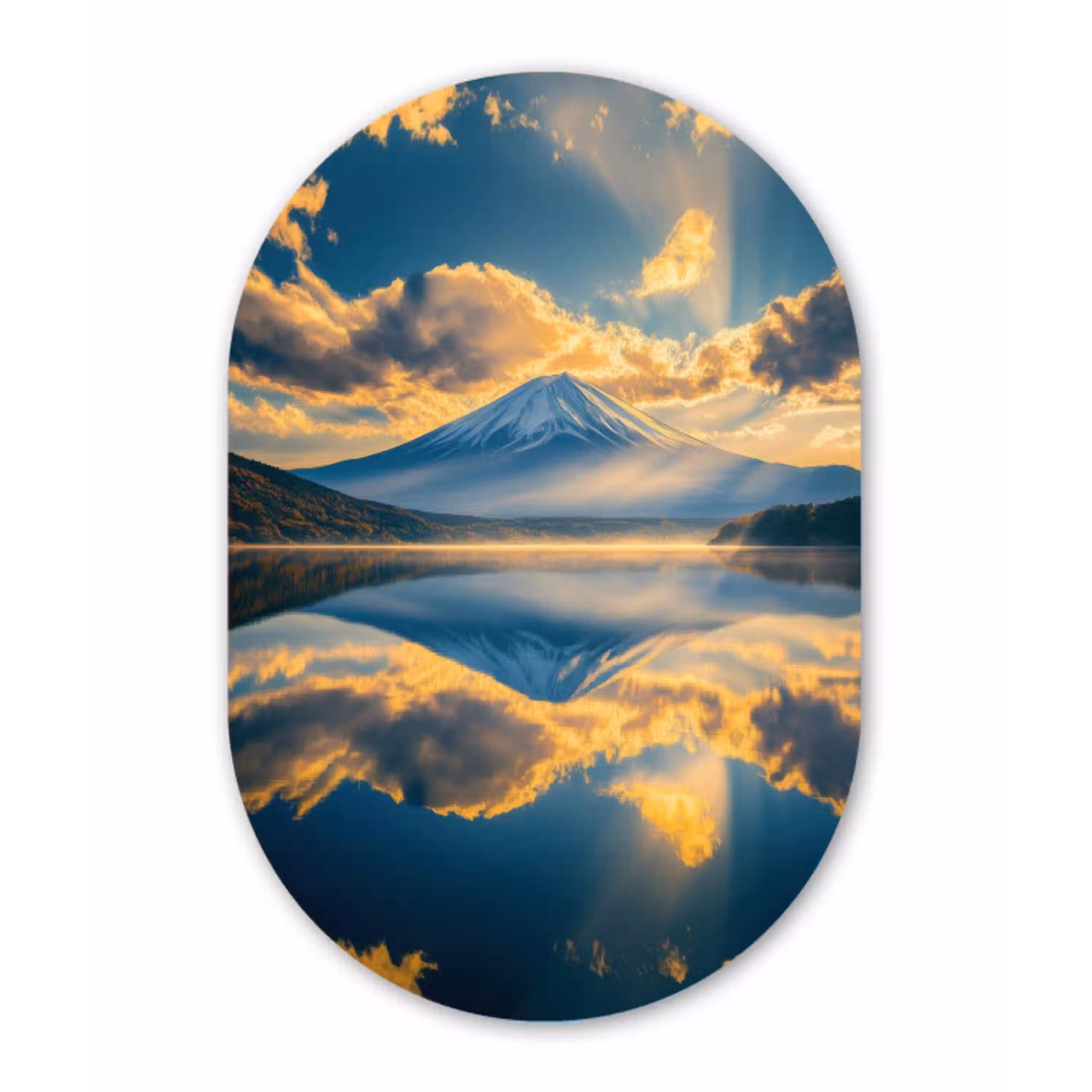Berg - Rivier - Zonsondergang Wandcirkel Ovaal Glas middel -3d