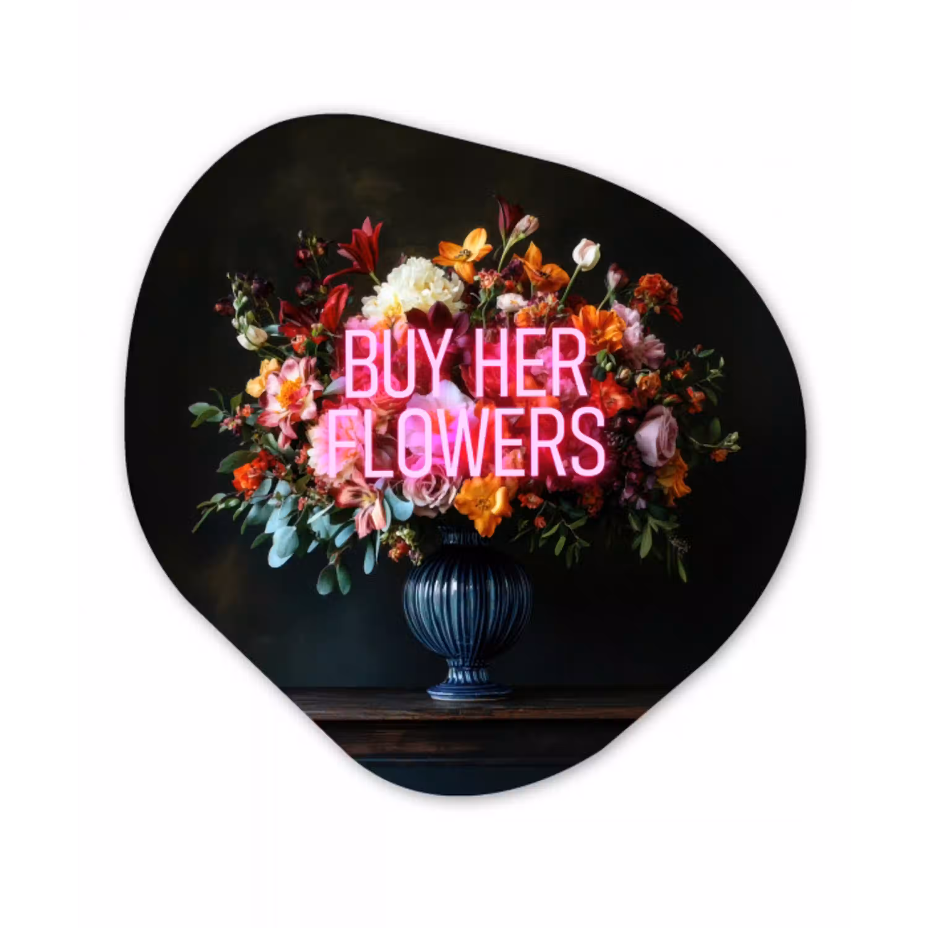 Quote - Bloemen - Vaas - Neon Wandcirkel Organisch Plexiglas middel -3d