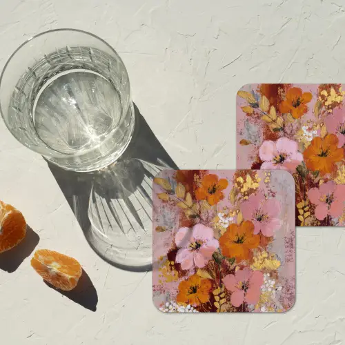Schilderij - Bloemen - Rustiek - Roze onderzetter kurk middel -sfeer4